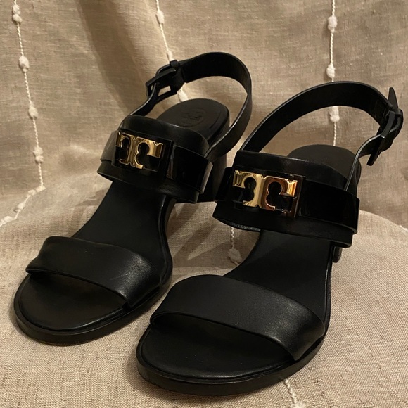 Tory Burch Sling Back Heel Sandals Black Leather Gold Logo - Picture 1 of 3